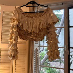 Gorgeous Five Tiered Gold Rayon Skirt + Crop Sheer Lace Blouse